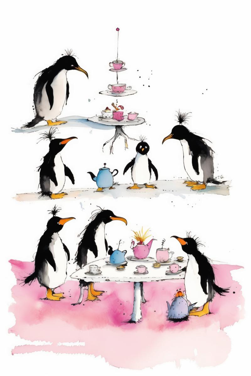 00094-3239764120-_lora_Quentin Blake Style_1_Quentin Blake Style - penguins having a tea party illustration in the style of quentin blake. Includ.png